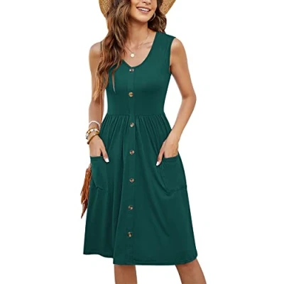 Afbeelding van MOLERANI Zomerjurken voor dames, mouwloos, casual, losse swing jurk met knoopsluiting en zakken, Donker Groen, XL