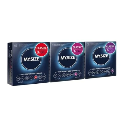 Afbeelding van MY.SIZE Classic condooms 3 delig proefverpakking I 60, 64, 69 mm breed 3x3 stuks premium extra dun true to touch gossamer dunne 0,07 wanddikte veganistisch