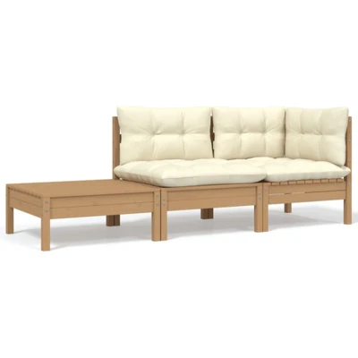 Afbeelding van 3 Delige Loungeset Met Crèmekleurige Kussens Massief Grenenhout / Honingbruin hoek + midden Tafel