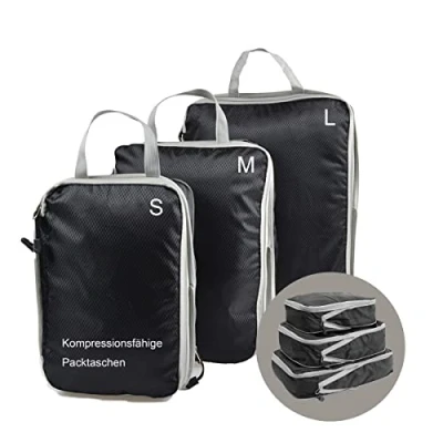 Afbeelding van KULIVING Paktassen voor Koffer &amp; rugzak in Set van 3, Organiser Reizen Compressiezakken Verpakkingsblokjes Compressie door Dubbele Rits Verpakkingsblokjes, Nylon, Zwart