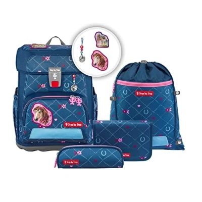 Afbeelding van Step by Schooltassenset Cloud, 5 delig, ergonomische tornister met reflectoren, in hoogte verstelbaar heupgordel, vanaf de 1e klas, 19 l, Paard Lima blauw roze, Casual