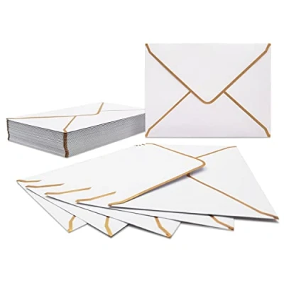 Afbeelding van 50 stuks uitnodigingsenveloppen, witte luxe enveloppen, 18,5 x 13,5 cm, miniatuur enveloppen met V klep, goudfolierand voor bruiloften, uitnodigingen, feest, wenskaarten