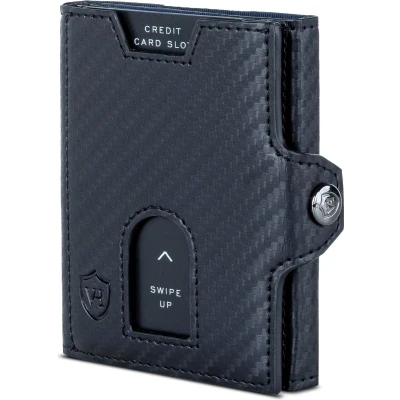 Afbeelding van Slim Wallet met muntvak, kaarthouder RFID bescherming, tot 12 kaarten, mini portemonnee leer, voor heren en dames, klein, portemonnee, zwart carbon, OHNE MÜNZFACH, Modern