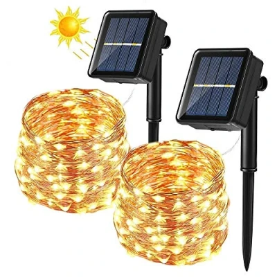 Afbeelding van BrizLabs Lichtsnoer op zonne energie, voor buiten, 14 m, 120 leds, koperdraad, warmwit, waterdicht, 8 modi, Kerstmis, tuin, balkon, bruiloft, terras, feestdecoratie