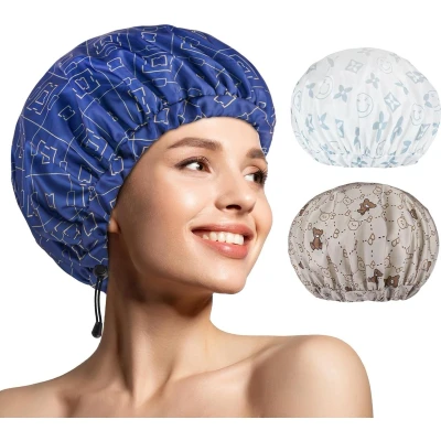 Afbeelding van 3 delige douchemuts voor dames, upgrade comfortabel en extra groot dubbellaags waterdichte badmuts, oversized verstelbare haarkap met zoom alle haarlengtes/stijlen