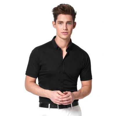 Afbeelding van Desoto Overhemd Korte Mouw Zwart 081 maat 3XL Heren Overhemden Formeel Effen met Slim fit Pasvorm Super stretch