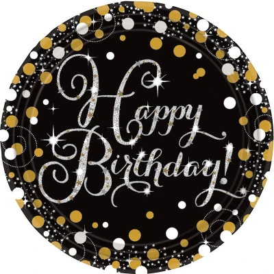 Afbeelding van Bord Sparkling zilver goud Happy Birthday 23 cm 8 stuks