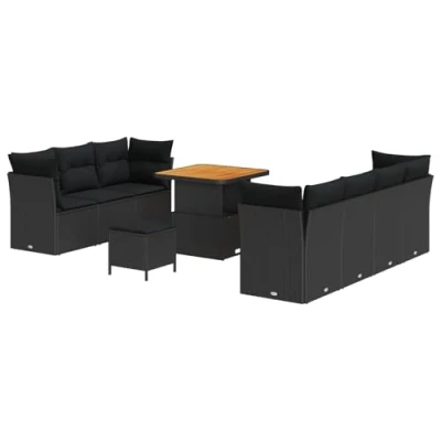 Afbeelding van vidaXL 10 delige Tuin Sofa Set met Kussens Zwart Poly Rattan Acacia