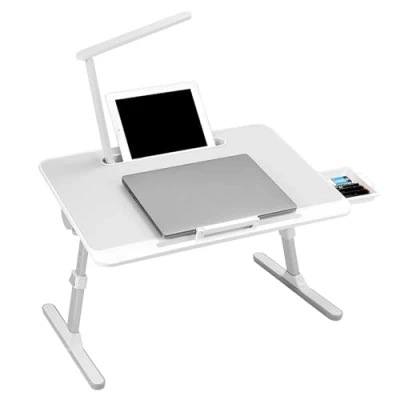 Afbeelding van QWORK® tafel bed laptoptafel, in hoogte verstelbaar, bedtafel opklapbaar met lade en LED lamp, 60 x 40 cm