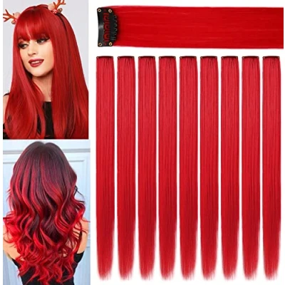 Afbeelding van LVSHANGMAO 9 stuks gekleurde haarverlengingen, veelkleurige party highlights clip in synthetische 53 cm (rood)