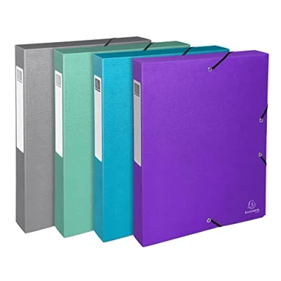 Afbeelding van Exacompta Ref. 59640E 4 archiefdozen met elastieken Teksto in getinte kaart, generfd rug cm afmetingen 25 x 33 voor documenten A4 formaat gesorteerd op kleur volledig gemonteerd