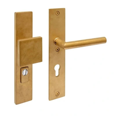 Afbeelding van Intersteel SKG3 veiligheidsbeslag voordeur rechthoek 250x50mm greep/kruk Jura PC72 kerntrekbeveiliging PVD messing getrommeld