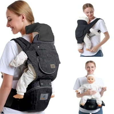 Afbeelding van Wenbones Babydrager, ergonomisch, aanpasbaar, katoen, zachte rugzak, babydrager met opbergtas en flessenhaak, voor pasgeborenen van 3 36 maanden, donkergrijs