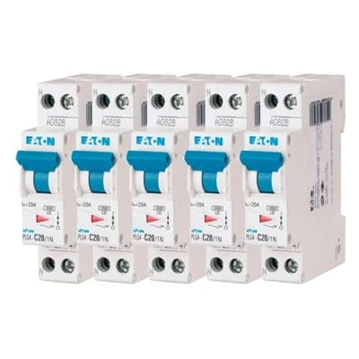Afbeelding van EATON 264747 PLG4 C20/1N MODULAIRE SPANKER PH/N Wit Blauwe Controller 1P+N / 20 A Curve C Schroefaansluiting 5 stroomonderbrekers