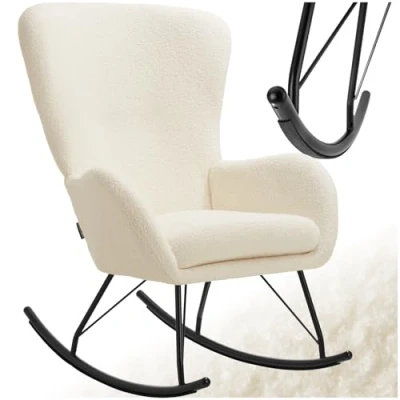 Afbeelding van tectake® Swing Schommelstoel Gestoffeerde Bouclé Fauteuil met Stalen Glijders en Extra Dik Zitkussen Scandinavisch Design, Onderhoudsvriendelijk Ergonomisch creme/zwart