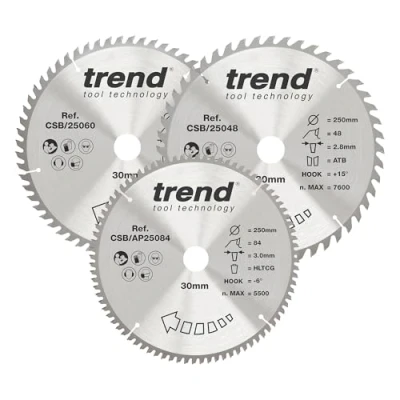 Afbeelding van Trend CraftPro Driepak TCT cirkelzaagbladen, 250 mm diameter x 48, 60 en 84 tanden 30 zaagsnede, wolfraamcarbide getand, CSB/250/3PK, set van 3