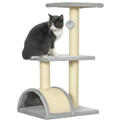 Afbeelding van PawHut Kratzbaum 72 cm Katzenturm mit Plüschballen, Sisalstämme, Plattform, Kratzbrett mehrstöckiger Katzenkratzbaum, Kletterbaum, für mittelgroße Katzen, Hellgrau