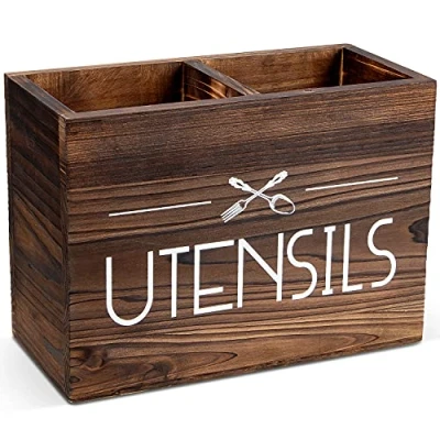 Afbeelding van PUERSI Houten keukengereihouder, gebruiksvoorwerp organizer voor aanrecht, rustiek hout boerderij keuken decor, Caddy met 2 compartimenten (bruin)