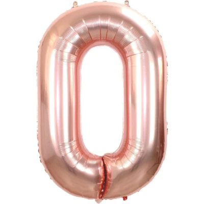Afbeelding van Folie Ballon Cijfer 0 Jaar Rosé Goud 36Cm Verjaardag Folieballon Met Rietje