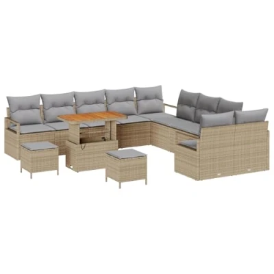 Afbeelding van vidaXL 13 delige tuin sofa set met kussens Beige Poly Rattan Acacia, 2 zits opslag &amp; Rattan, 3 eetset Acacia