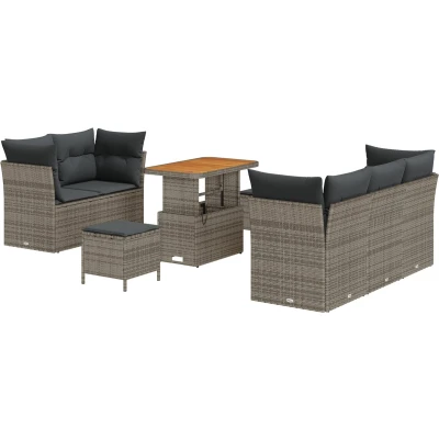 Afbeelding van vidaXL 8 delige Tuin Sofa Set met Kussens Grijs Poly Rattan Acacia, 3 Eettafel Acacia