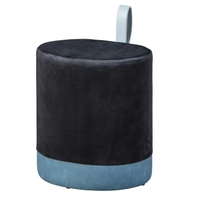 Afbeelding van Fluwelen poef in zwart en blauw, met hengsel van kunstleer, 38 x 32,5 43 cm
