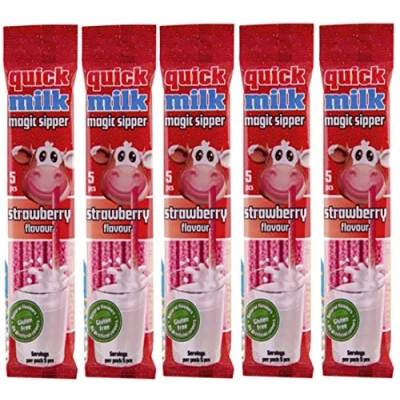 Afbeelding van Quick Milk Aardbeien, 5 zakjes met elk rietjes, magische melk, rietjes