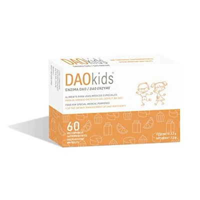 Afbeelding van DAOkids Dieetbehandeling van DAO deficiëntie/Histamine intolerantie Voor Kinderen 3 jaar en ouder 60 Gastroresistente Minitabletten Enzym