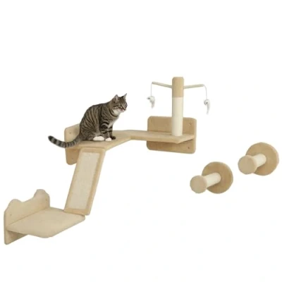 Afbeelding van PawHut Kattenklimwandset, 3 delig kattenmeubel met krabplank, springplaten, krabstam, speelbal, voor katten tot 5 kg, sisal, beige