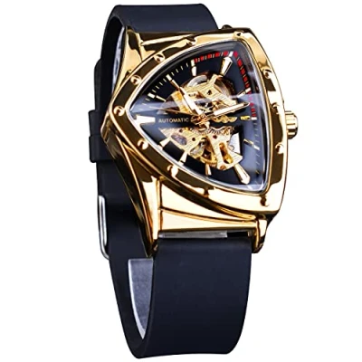 Afbeelding van FORSINING Skelet Horloges voor mannen, automatisch mechanisch horloge met driehoekige wijzerplaat, lichtgevende zelfopwindende horloges, roestvrijstalen armband of zachte siliconen band, Zilver,