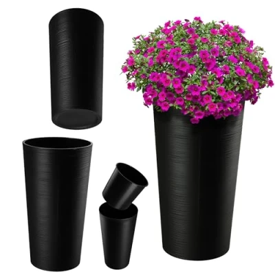 Afbeelding van KADAX bloempot met houtspaanders, elegante uitneembare inzet, bloempotbescherming voor kantoor, bloembak, pot, tuinschaal (zwart, diameter 30 cm)