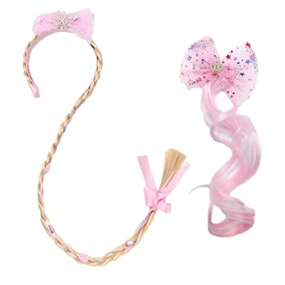 Afbeelding van 2 Pcs Hoofdband Prinses Vlechten, Rapunzel Pruik Aankleden Pruiken Meisjes Vlechten Gevlochten Voor Partij Cosplay Kostuum Met Bloem (Roze)