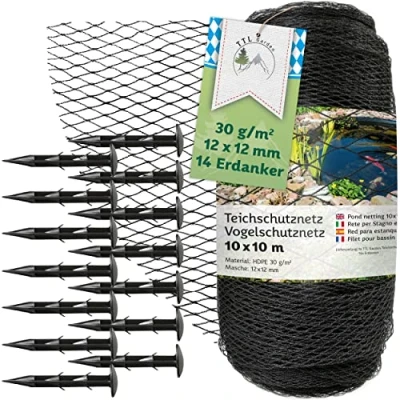 Afbeelding van TTL Garden Vijvernet, vogelbeschermingsnet, zwart, 30 g/m², 12 x mm, fijnmazig sterk HDPE, zwembadnet, fruitboomnet, tuinnet, vogelafweernet, scheurvast, rekbaar, robuust met 14 grondankers