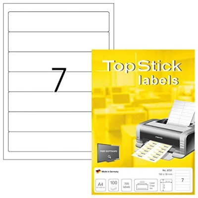 Afbeelding van TopStick 8721 ruge etiketten A4 cort/smal (192 x 38 mm, 100 vellen, papier, mat) zelfklevend, bedrukbaar, permanente zelfklevende kaartetiketten, 700 voor printer, wit