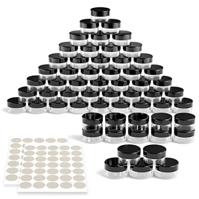 Afbeelding van Newaner 60 stuks potjes, potjes 10 g, ml, crèmepotje, leeg, transparante met schroefsluiting, stickers, ideaal voor make up, crèmes, lotions, minikaarsen (zwart)