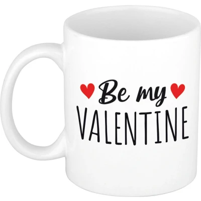 Afbeelding van Be my valentine cadeau koffiemok / theebeker wit met hartjes 300 ml feest mokken