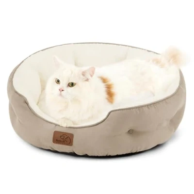 Afbeelding van Bedsure Groot kattenbed wasbaar voor binnenkatten en kittens, kleine met slipbestendige bodem puppyhonden, rond, camel, 51 x 48 15 cm