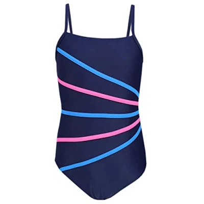 Afbeelding van Aquarti Meisjes Badpak met Spaghettibandjes en Strepen, Donkerblauw/Streep Roze Blauw, 146