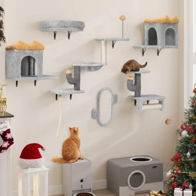 Afbeelding van YITAHOME 7 delige klimwandset voor katten, stevige pluche klimrek speeltorens met kattenhuis, kattenhangmat en hangbal, lichtgrijs geel