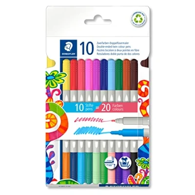 Afbeelding van STAEDTLER 3280 C10 Twin Colour, Double Ended Fibre Tip Pennen 20 verschillende kleuren (Pack van 10)