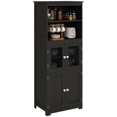 Afbeelding van HOMCOM Keukenkast, dressoir, keuken, servies, opbergkast met 2 nissen, kasten 4 deuren, waarvan glazen verstelbare plank, afmetingen: 60 x 30 162 cm, zwart