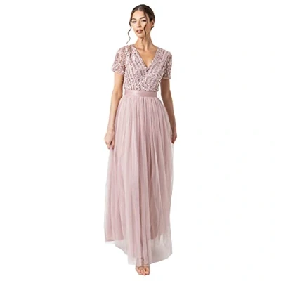 Afbeelding van Maya Deluxe Maxi jurk, bruidsmeisjesjurk, gestreept, korte mouwen, nevel, groen, damesjurk, roze satijn., 48 NL