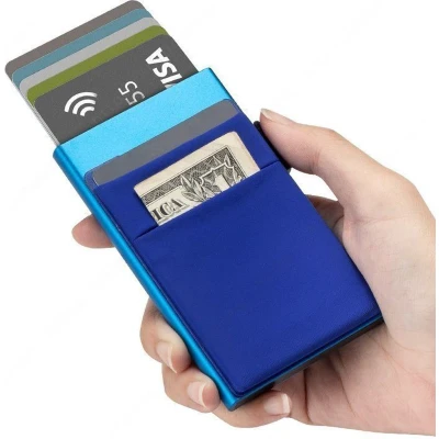 Afbeelding van Imperatoris Luxe Slim Kaarthouder/Pasjeshouder/Portemonnee Aluminium Uitschuifbaar RFID &amp; NFC Beveiliging Blauw