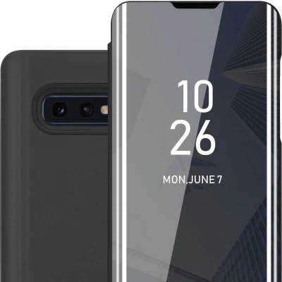 Afbeelding van Cadorabo Hoesje geschikt voor Samsung Galaxy S10e in TOERMALIJN ZWART Clear View Spiegel Beschermende Case met Tribunefunctie 360 Graden Bescherming Book Cover Etui