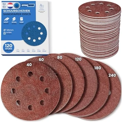 Afbeelding van EFFEKTWERK Papel de Lija 125 mm Velcro 120 piezas Discos Profesionales para Lijadoras Excéntricas 8 Agujeros Grano 20x P40 P60 P80 P120 P180 P240 Madera, Metal y Pintura