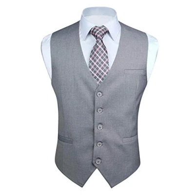 Afbeelding van Enlision Gilet voor heren, formele effen giletjes bruiloft, kleur smoking, smokingjas, zakelijk pak, vest met zakken XS 4XL, Lichtgrijs, XL
