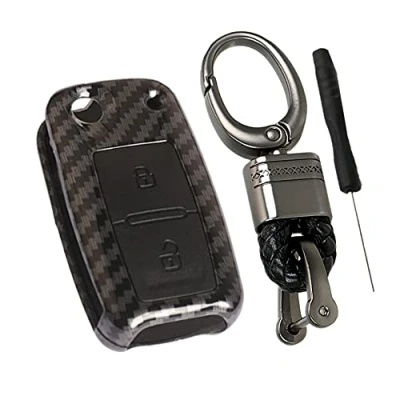 Afbeelding van Happyit ABS Koolstofvezel Schaal + Siliconen Autosleutel Beschermhoes fit voor VW Volkswagen Amarok Polo Golf 4 5 6 MK4 Bora Jetta 2 Knoppen (Zwart)