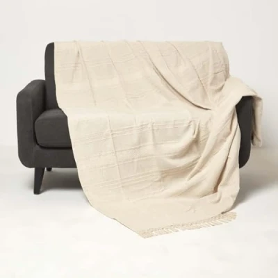 Afbeelding van Homescapes Kashi Bedsprei Crème 225 x 255 cm Katoenen deken met franjes