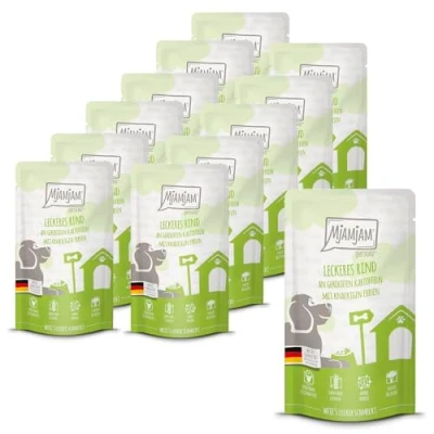 Afbeelding van MjAMjAM Premium natvoer voor honden Quetschie Lekker rundvlees met gekookte aardappels en knapperige erwten, pak van 12 (12 x 125g), graanvrij extra vlees