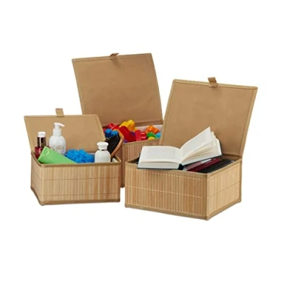 Afbeelding van Relaxdays opbergmand set van 3 bamboe manden badkamer opbergbox Naturel